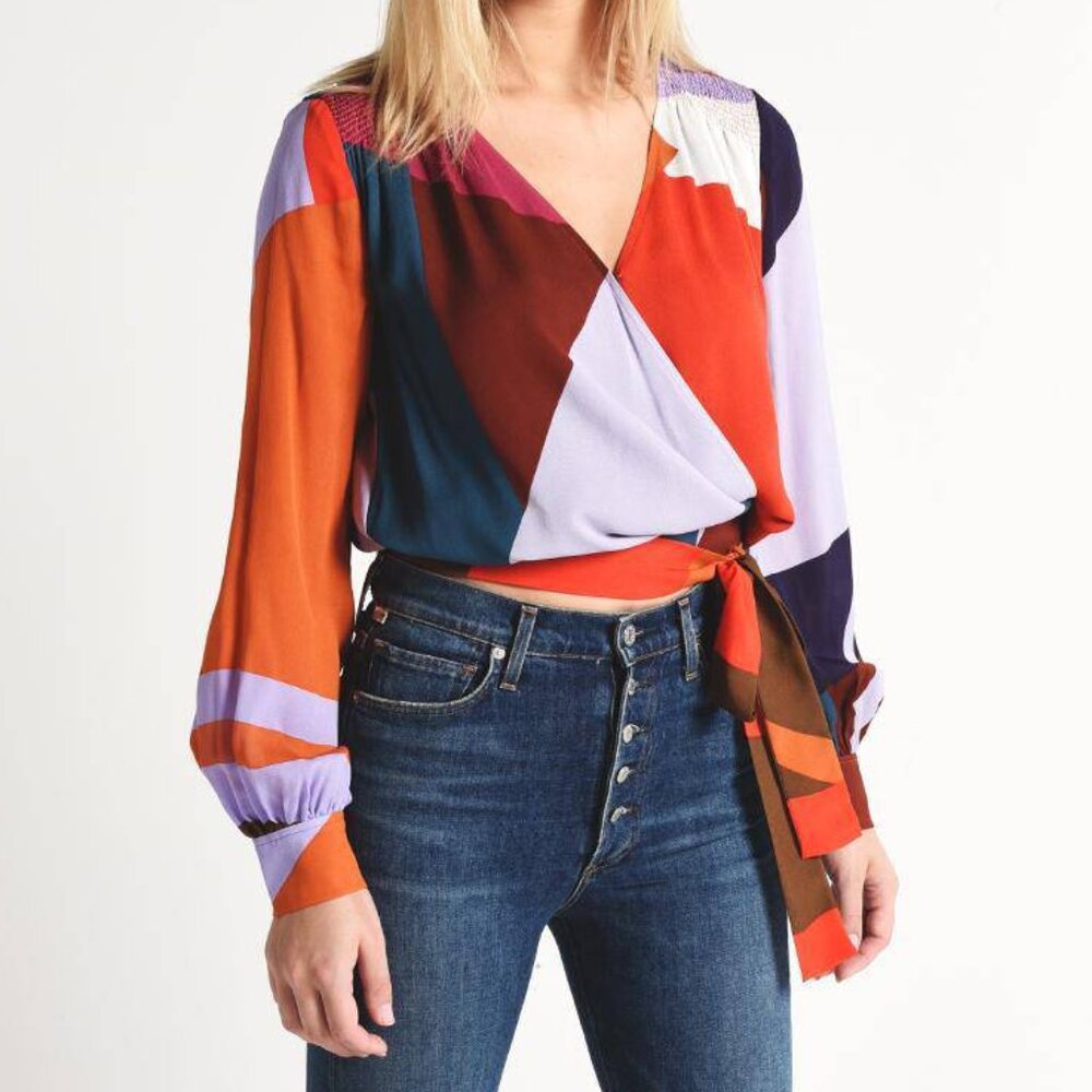 Tanya Taylor Silk Klara V-Neck Wrap Blouse, Colorblock Size 0